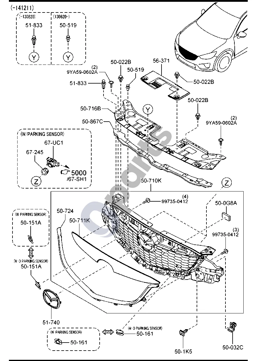 Mazda CX-5 (2012–2017) Radiatoriaus grotelės (-141211) schema – pozicija 50716B: Apatinis tarpiklis
