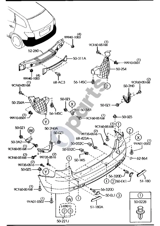 Mazda CX-7 galinis bamperis – schema
