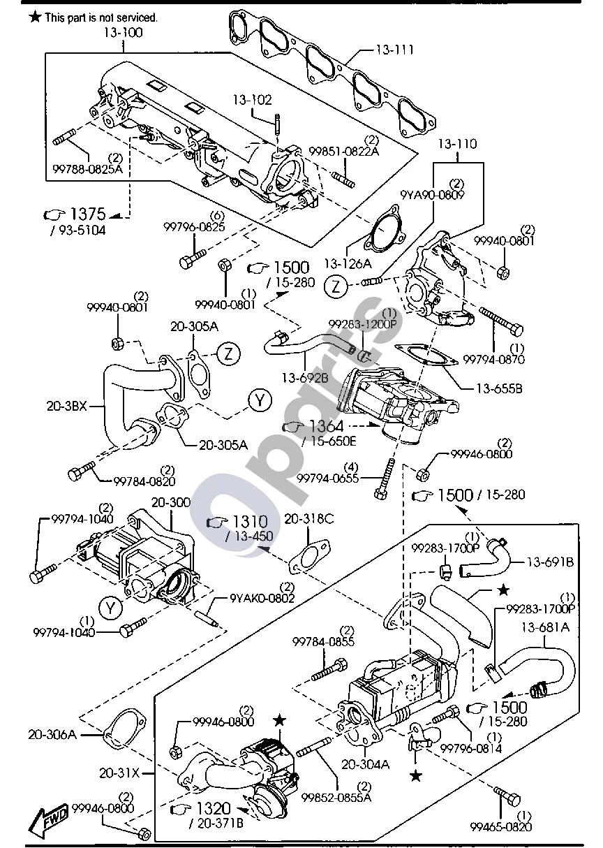 Mazda CX-7 Įsiurbimo kolektorius (dyzelinis) schema – pozicija 20304A: EGR aušintuvas