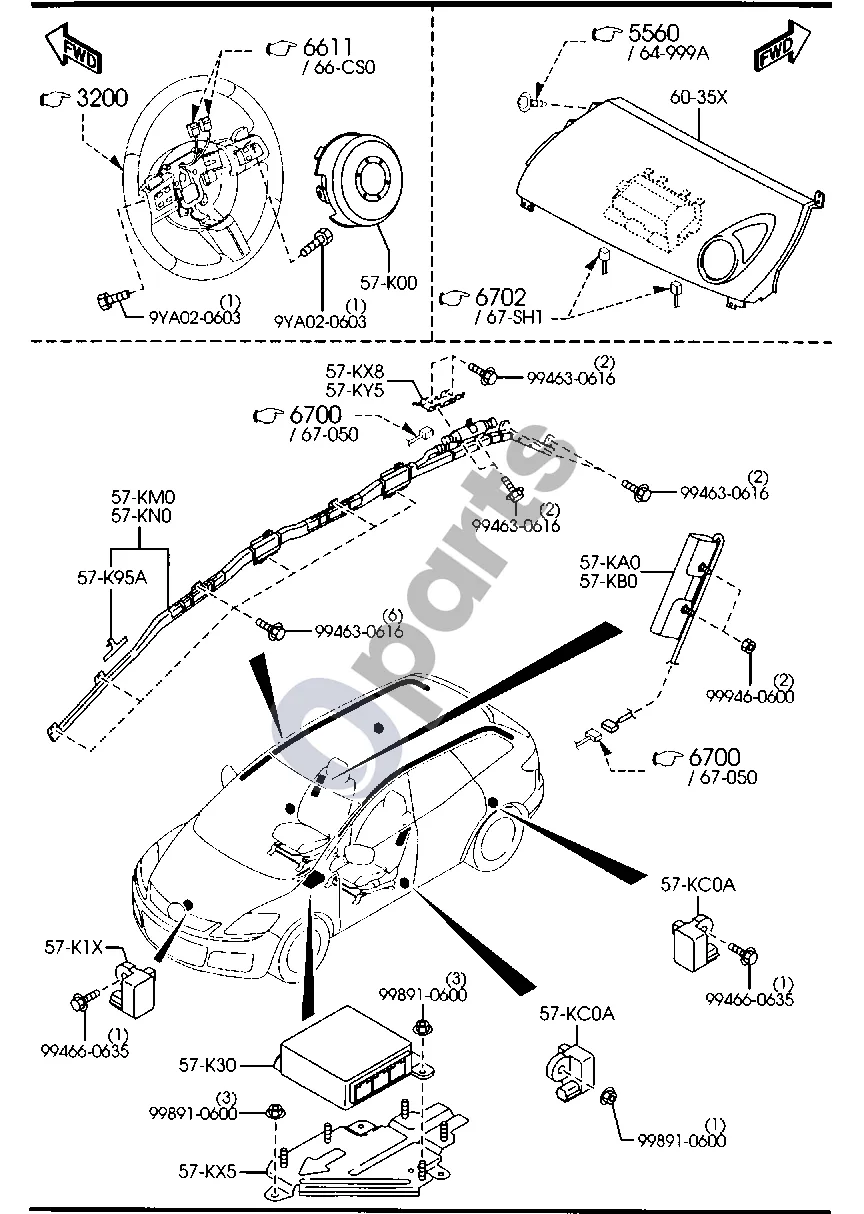 Mazda CX-7 Oro pagalvė schema – Blokas, vairo kampo jutiklio (SAS)