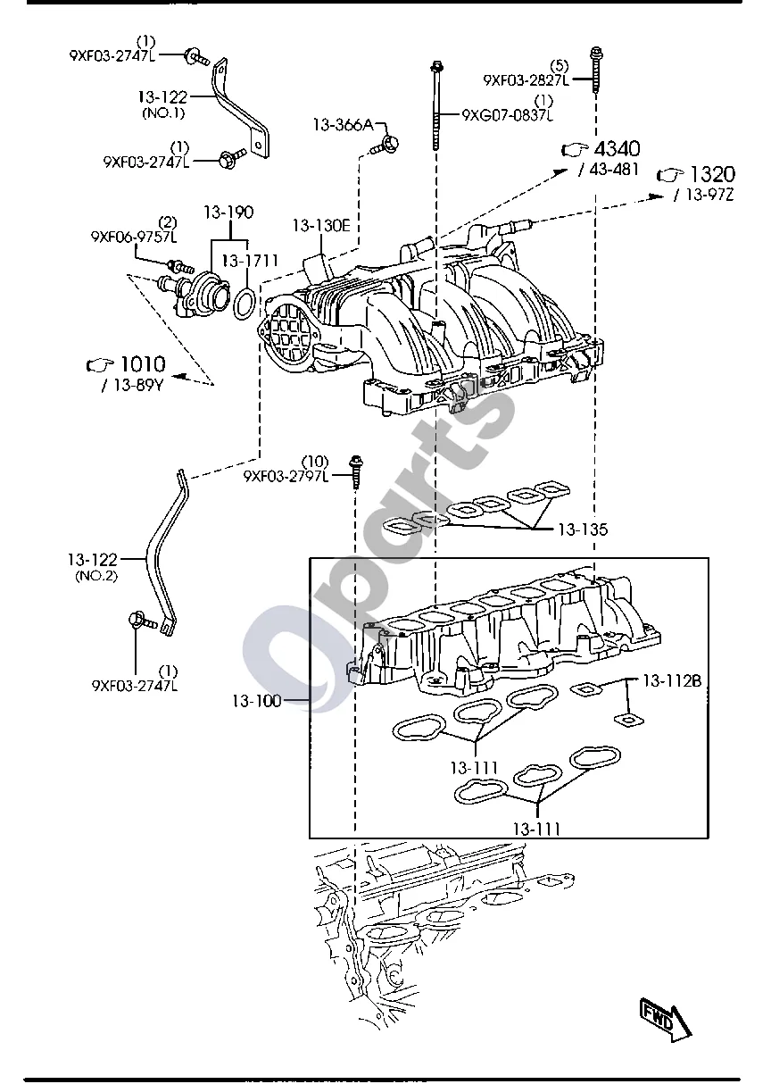 Mazda CX-9 Įsiurbimo kolektorius schema – pozicija 13135: Išlyginamojo bakelio tarpiklis