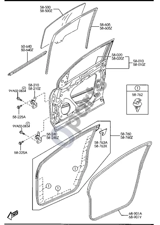 Mazda CX-9 priekinės durys – schema