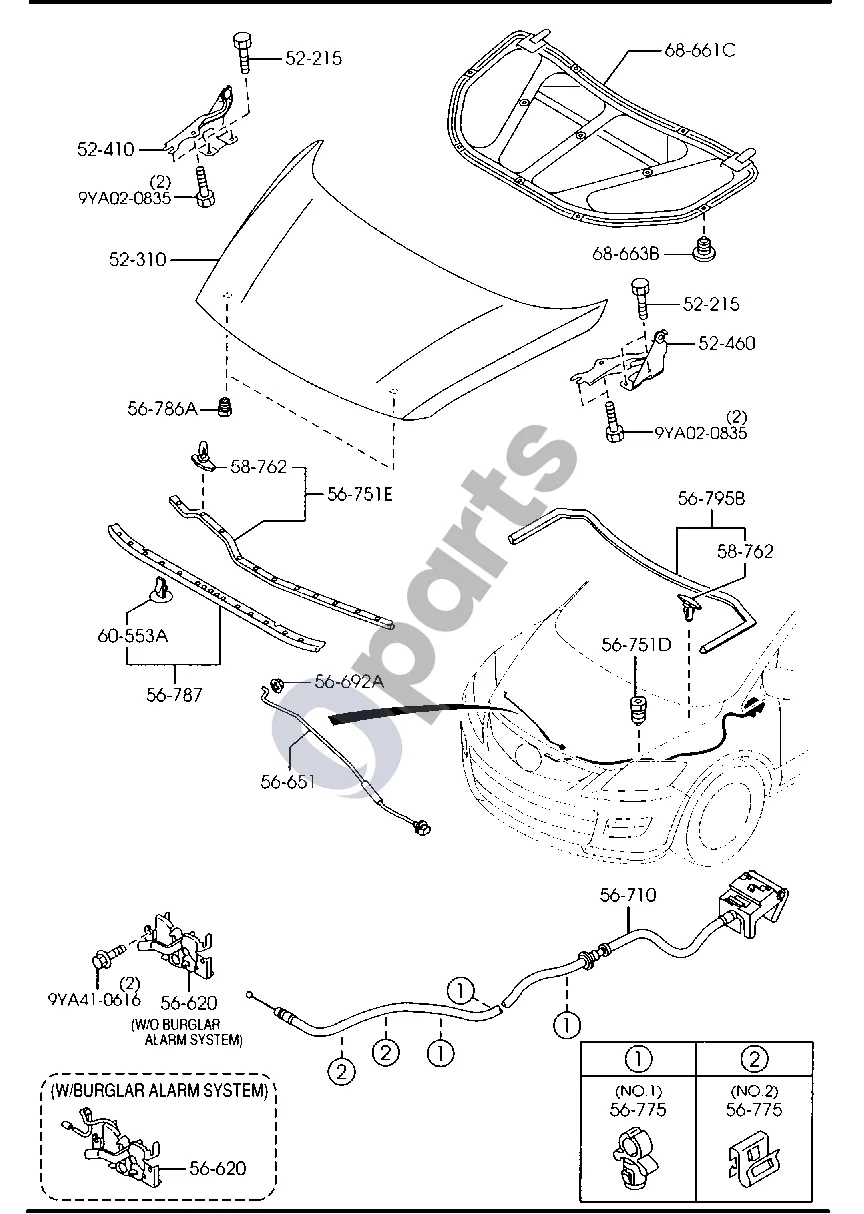 Mazda CX-9 Variklio dangtis schema – pozicija 56787: Sandarinimo juostelė, variklio dangčio