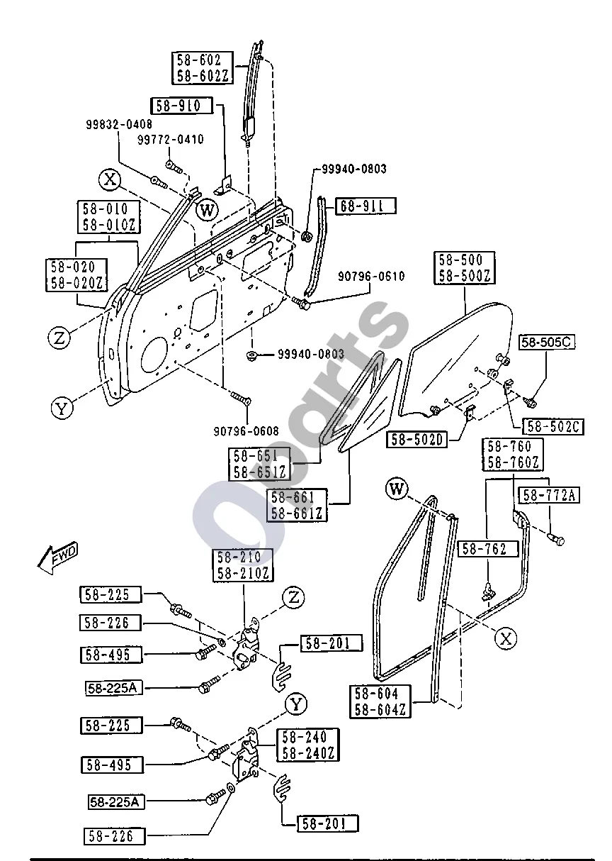 Mazda MX-5 NB Miata (1998–2005) Priekinės durys schema – pozicija 58602Z: Kreipiklis „b“ (kairys), stiklas