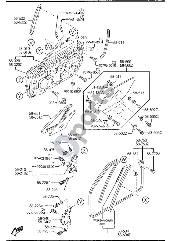 Mazda MX-5 NC Miata priekinės durys – schema
