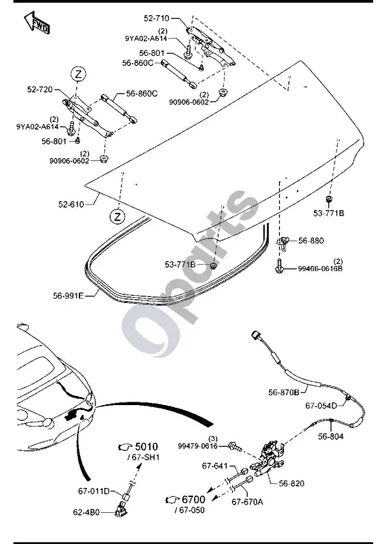 Mazda MX-5 ND bagažinės dangtis – schema