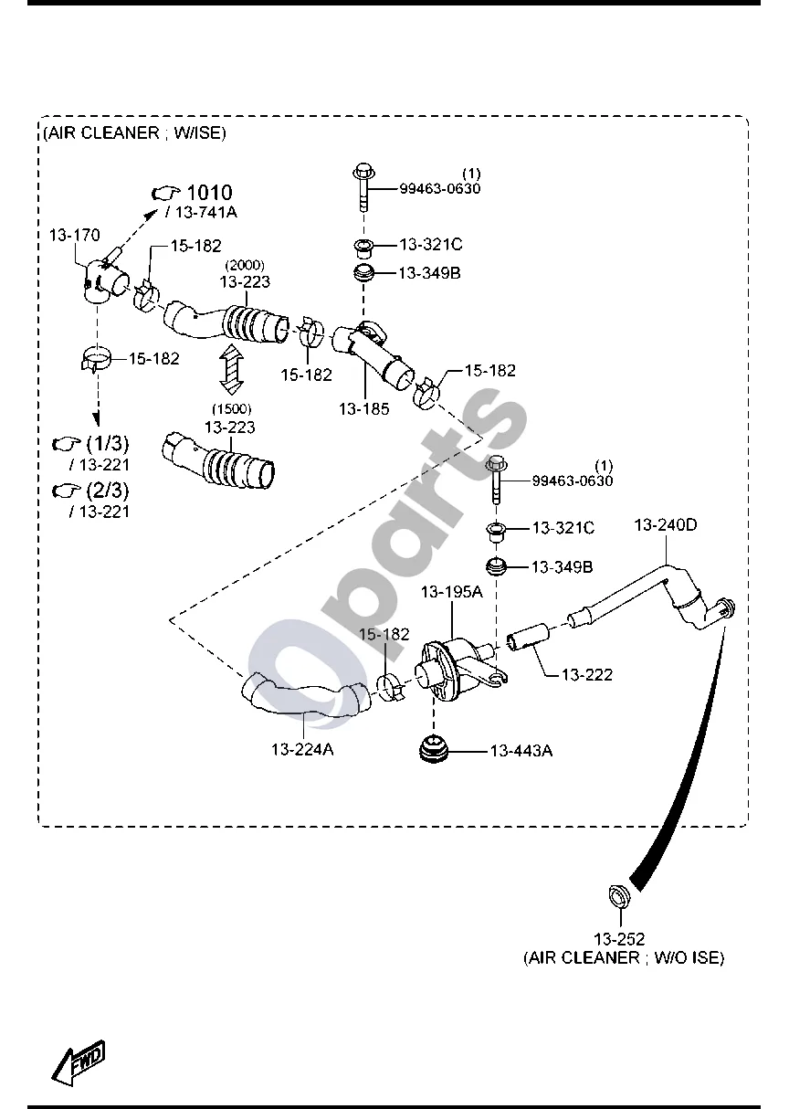 Mazda MX-5 ND (2016–) Oro filtras (MX 5 ND MX 5 ND__AENA11) schema – pozicija 13222: Oro įsiurbimo žarna (AIR CLEANER;W/ISE to 17.03.2015)