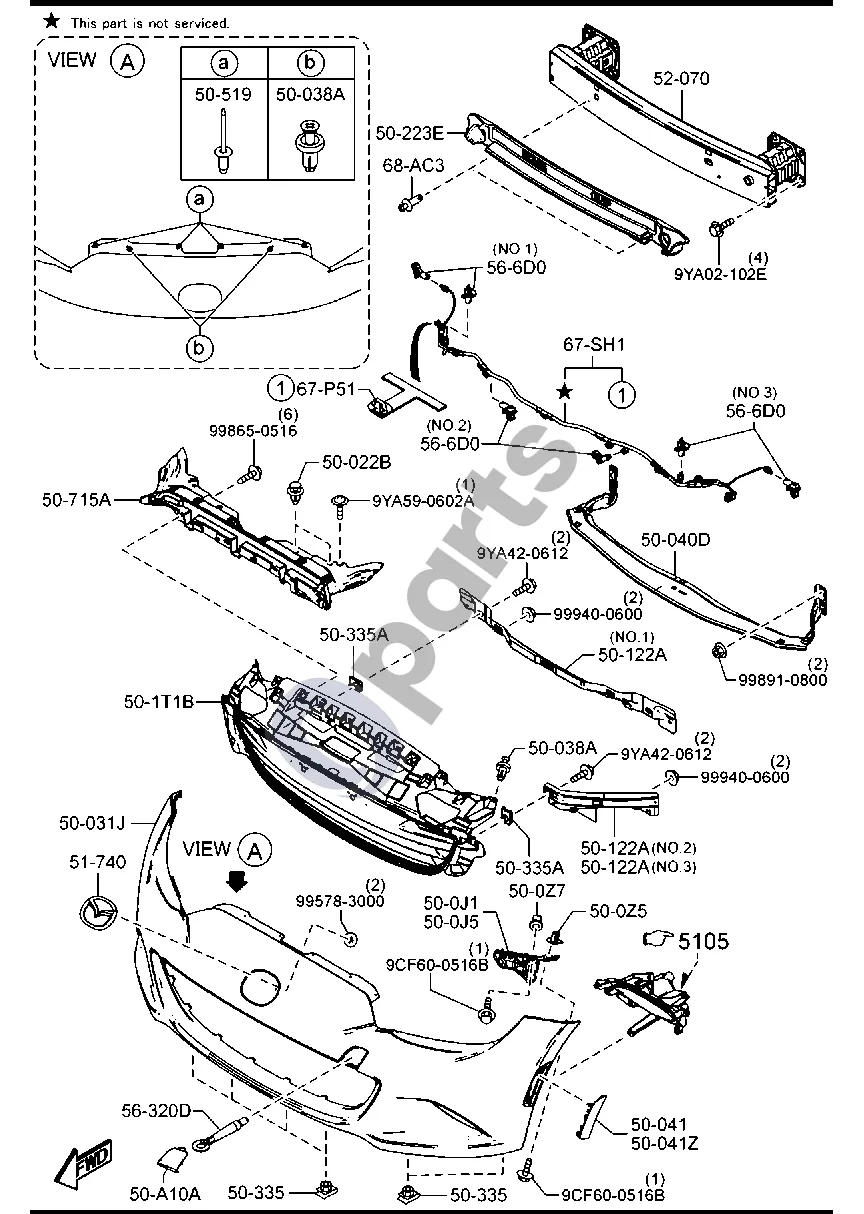 Mazda MX-5 ND (2016–) Priekinis bamperis schema – Vilkimo kablio dangtelis bamperyje