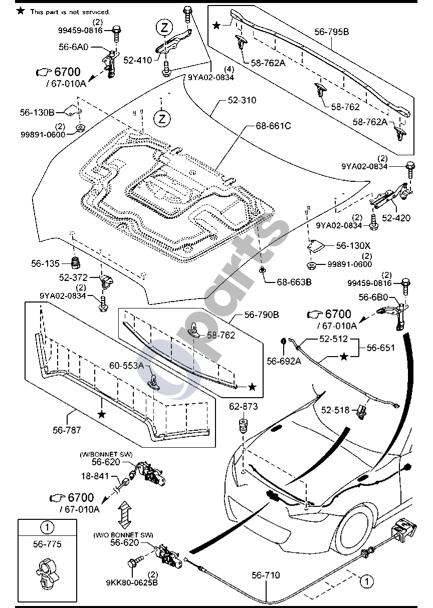 Mazda MX-5 ND (2016–) Variklio dangtis schema – pozicija 52518: Variklio dangčio atramos laikiklis