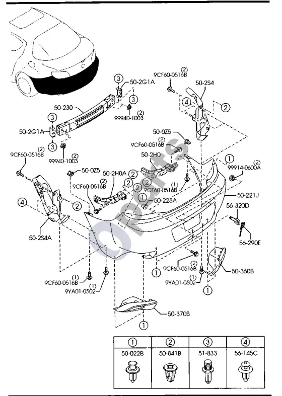 Mazda RX8 galinis bamperis – schema