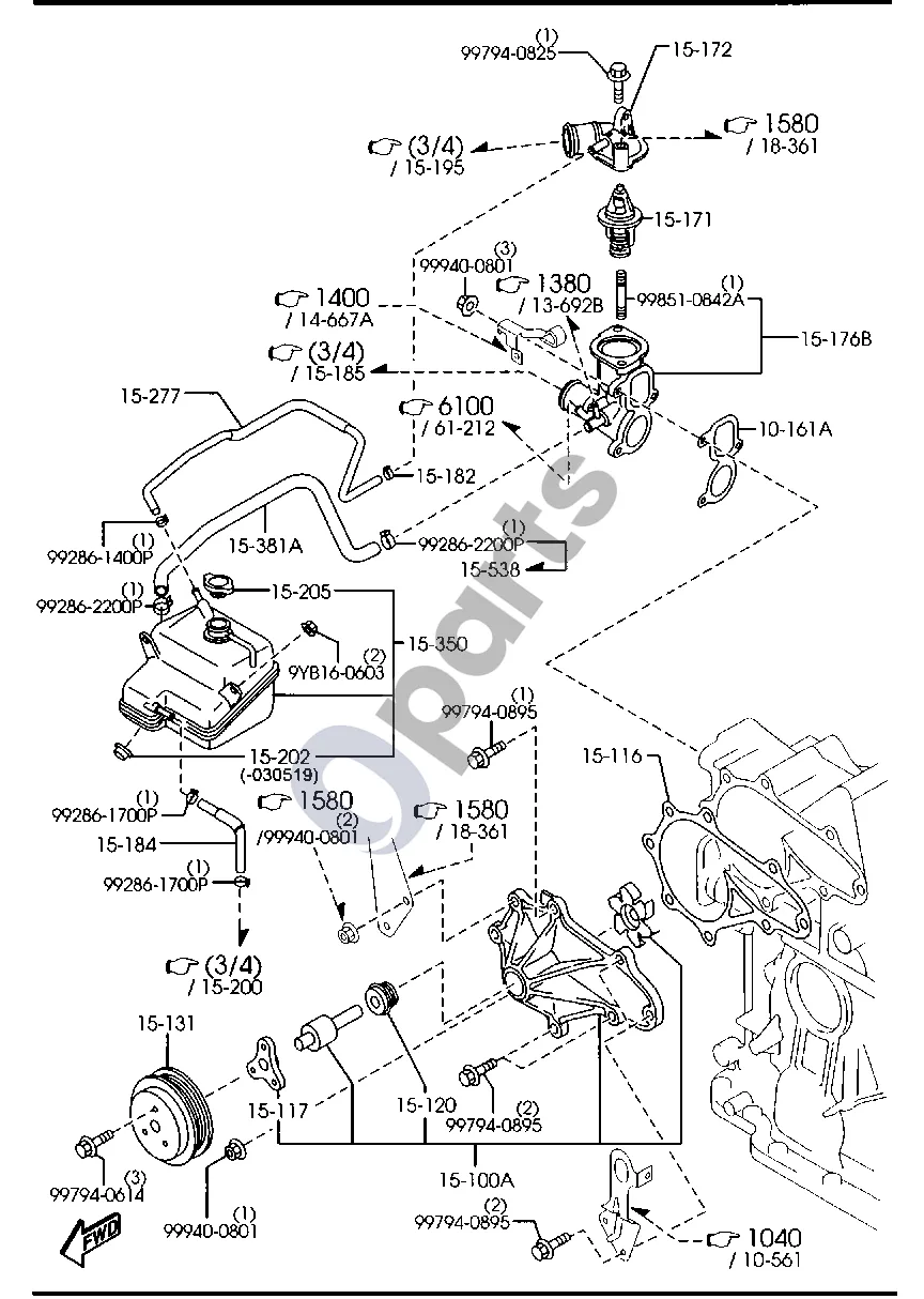 Mazda RX8 (2003–2012) Aušinimo sistema (RX8 RX8__AEFA06) schema – pozicija 15131: Skriemulys, vandens siurblio