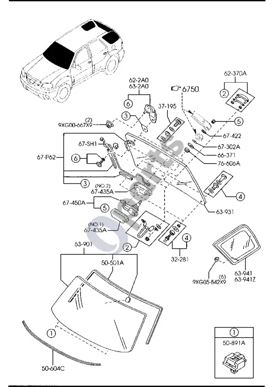 Mazda Tribute lango stiklai – schema