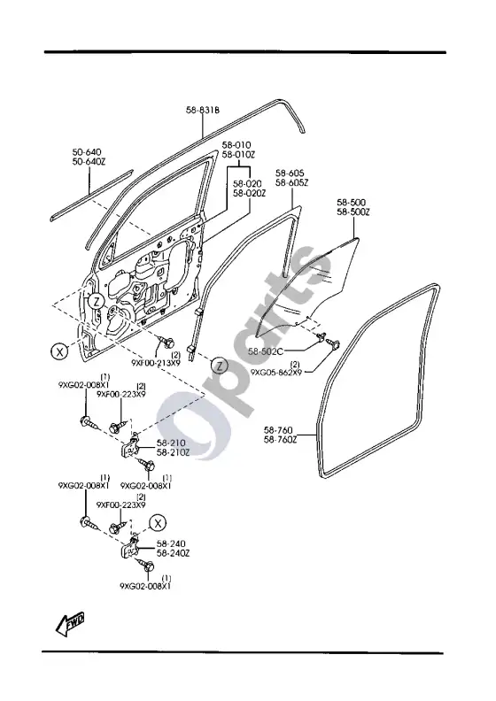 Mazda Tribute priekinės durys – schema