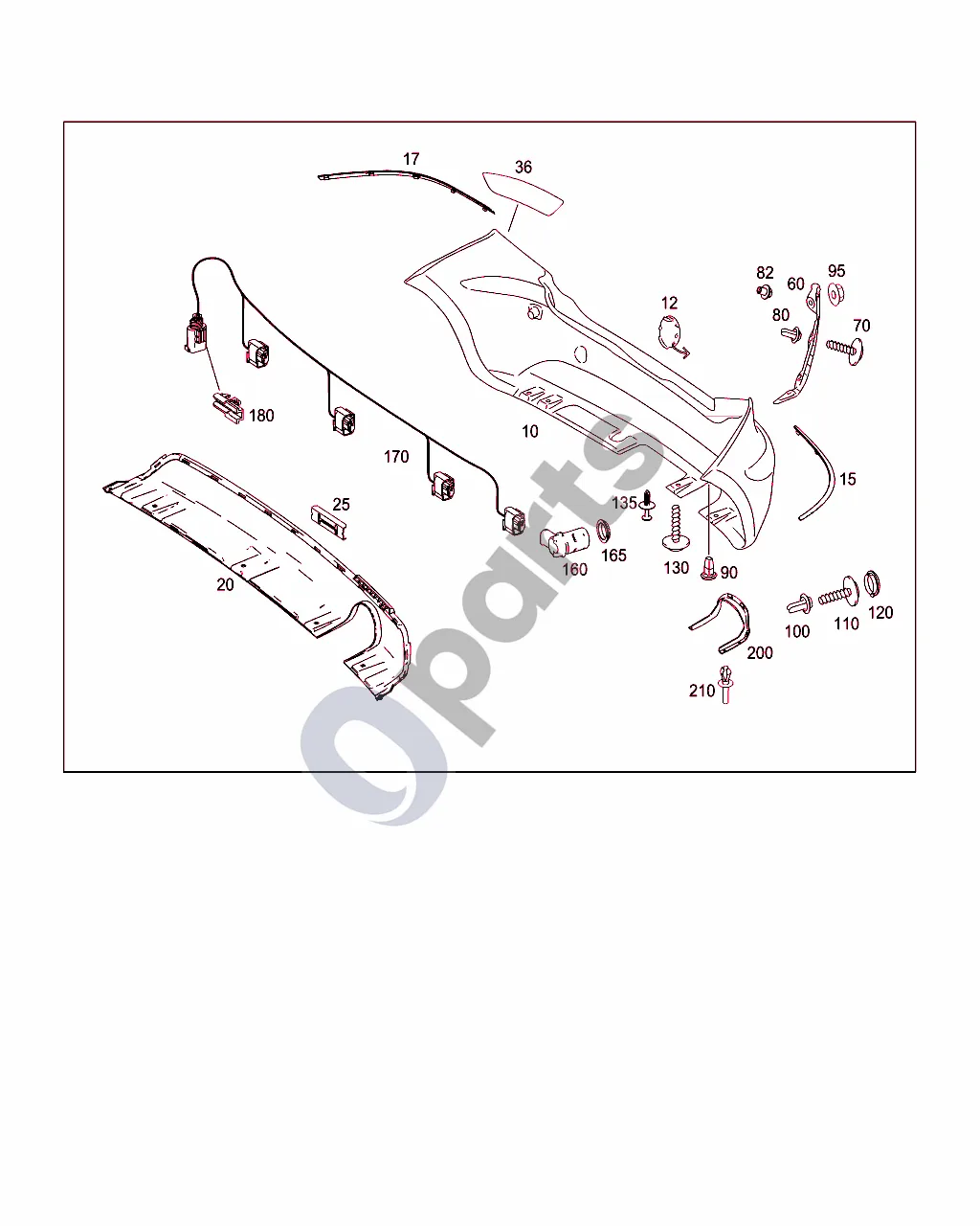 Mercedes-Benz A W169 (2004–2012) Galinis bamperis schema – pozicija 135: Plečiamoji kniedė; apatinė apsauga
