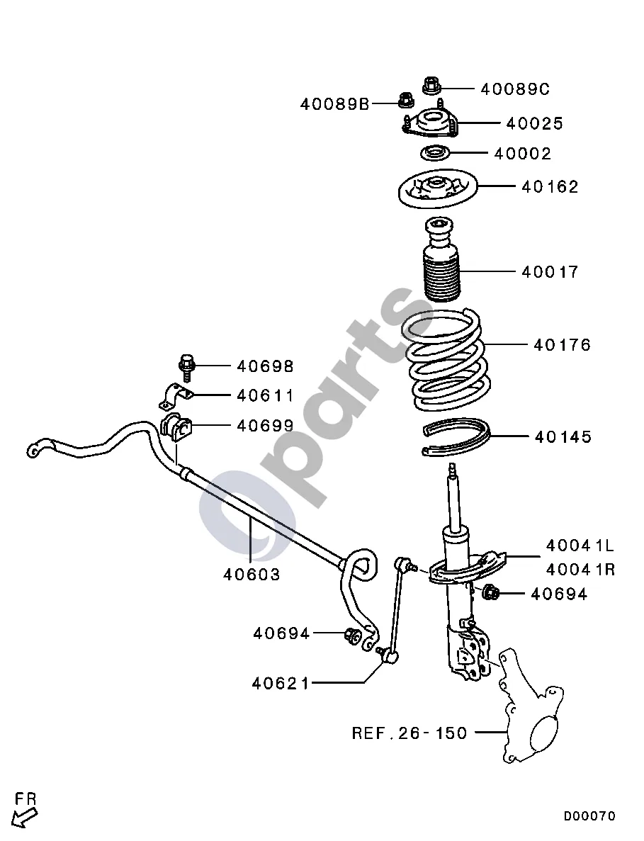Mitsubishi ASX -'11.5 modelis schema – pozicija 40698: Varžtas, priekinės pakabos stabilizatorius