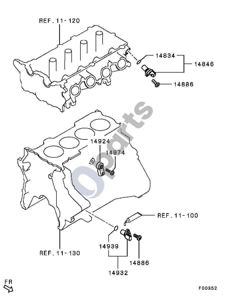 Mitsubishi ASX ALL (CRANK ANGLE SENSOR ETC.) schema – pozicija 14924: Variklio valdymo detonacijos jutiklis (2010.06 - 2024.08)