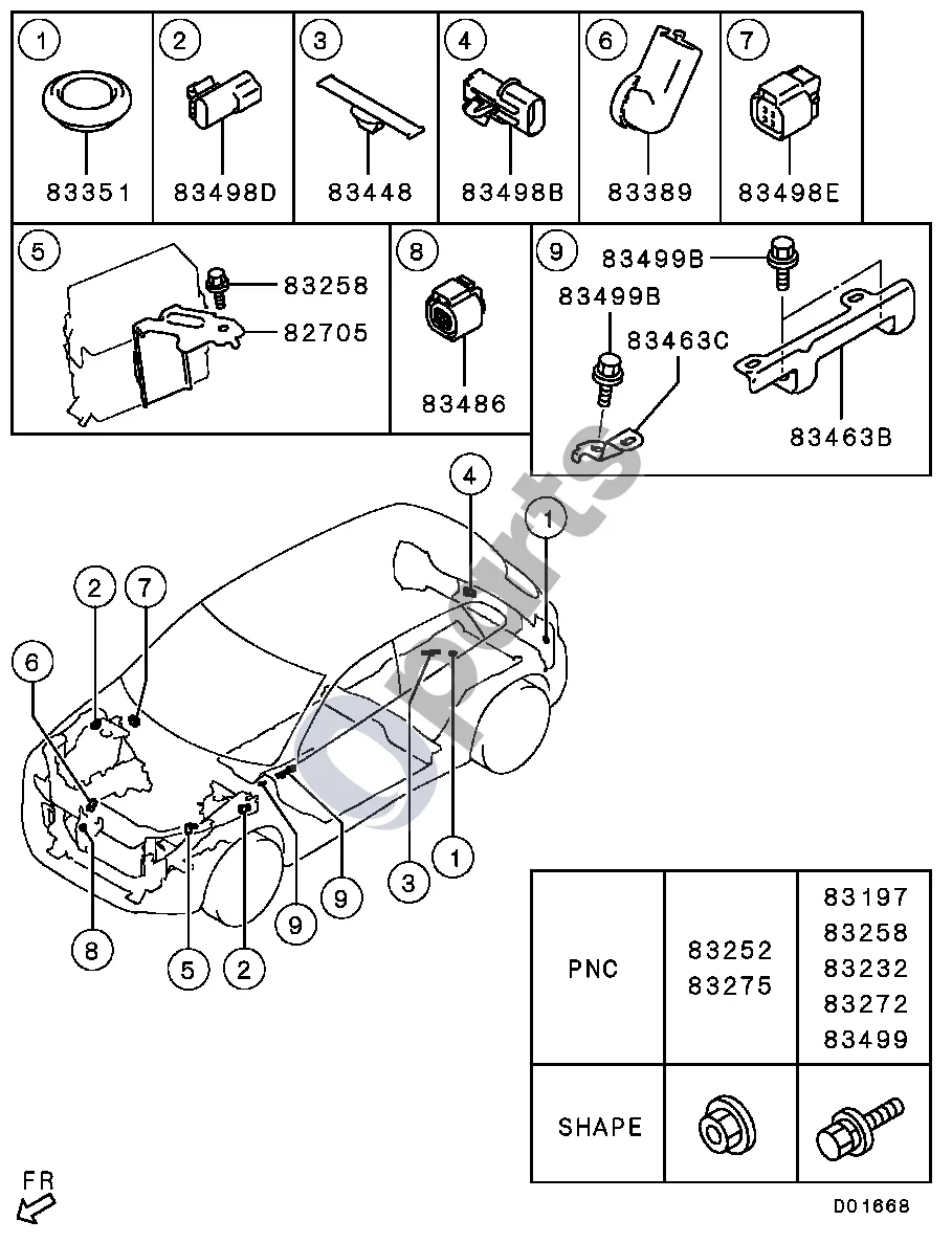 Mitsubishi ASX Ttvirtinimo detalės schema – pozicija 83498B: Laidų jungtis