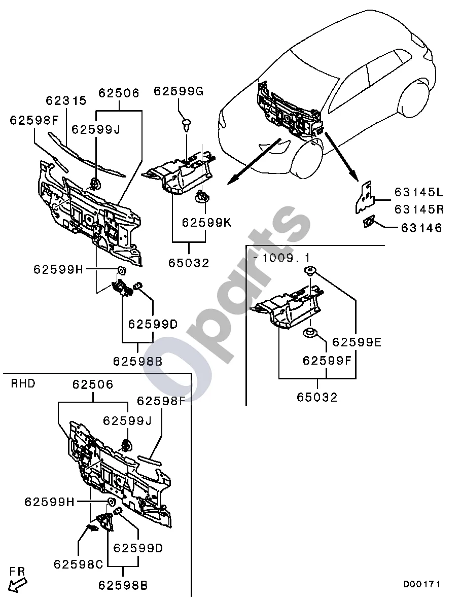 Mitsubishi ASX Priekinė salono pertvara schema – pozicija 62599J: Spaustukas, galinės sienelės garso izoliacija
