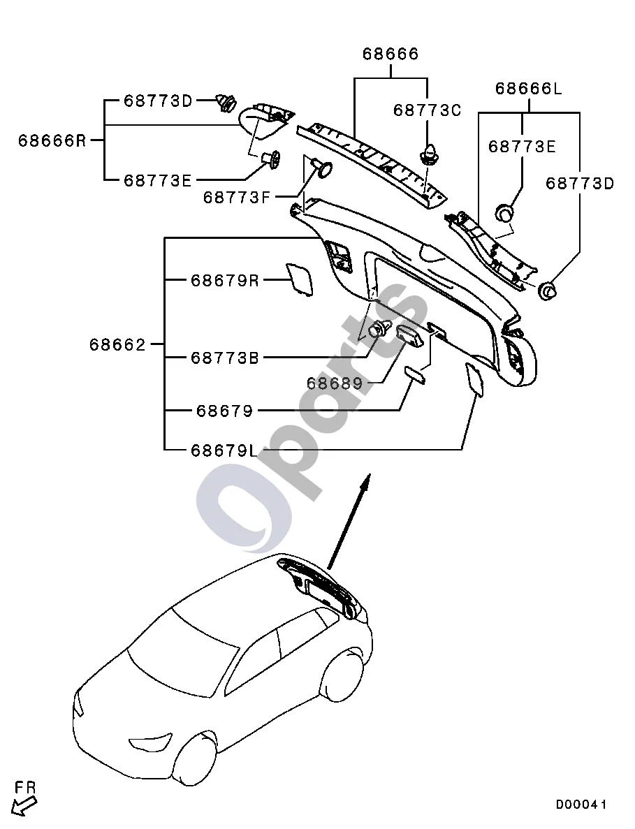Mitsubishi ASX Galinio dangčio apdaila schema – pozicija 68773E: Segtukas, bagažinės durų apdaila