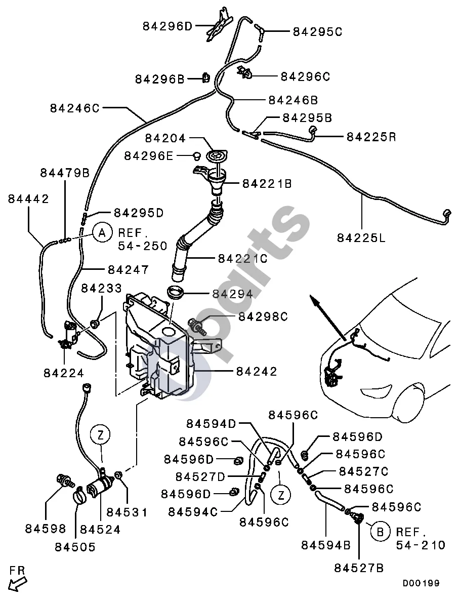 Mitsubishi ASX Poveržlė -1206.3 schema – pozicija 84204: Priekinio stiklo apiplovimo bakelio pylimo angos dangtelis