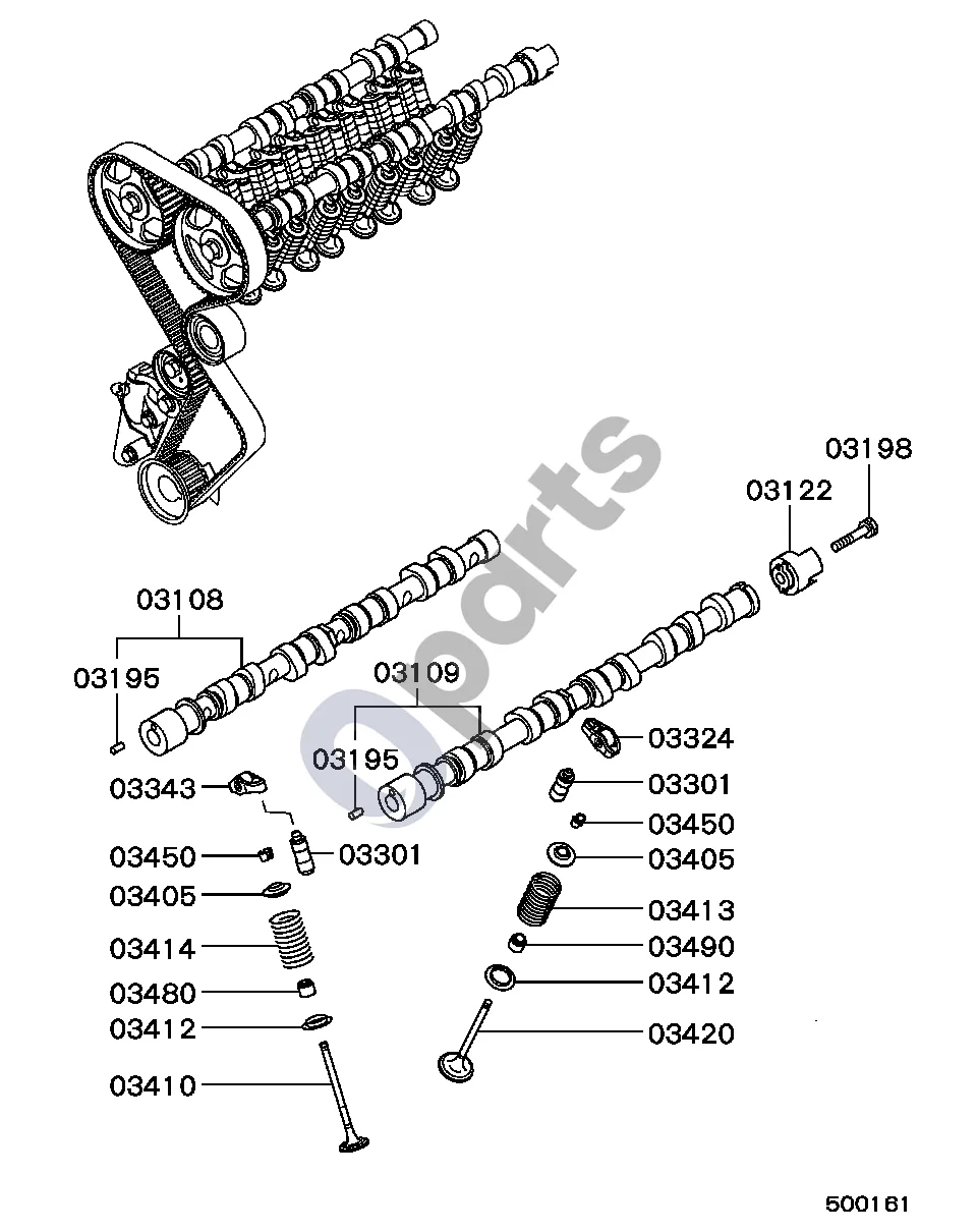 Mitsubishi Carisma (2000–2004) 9605.1- DOHC (vožtuvų mechanizmas) schema – pozicija 03122: Skirstomojo veleno padėties nustatymo cilindras
