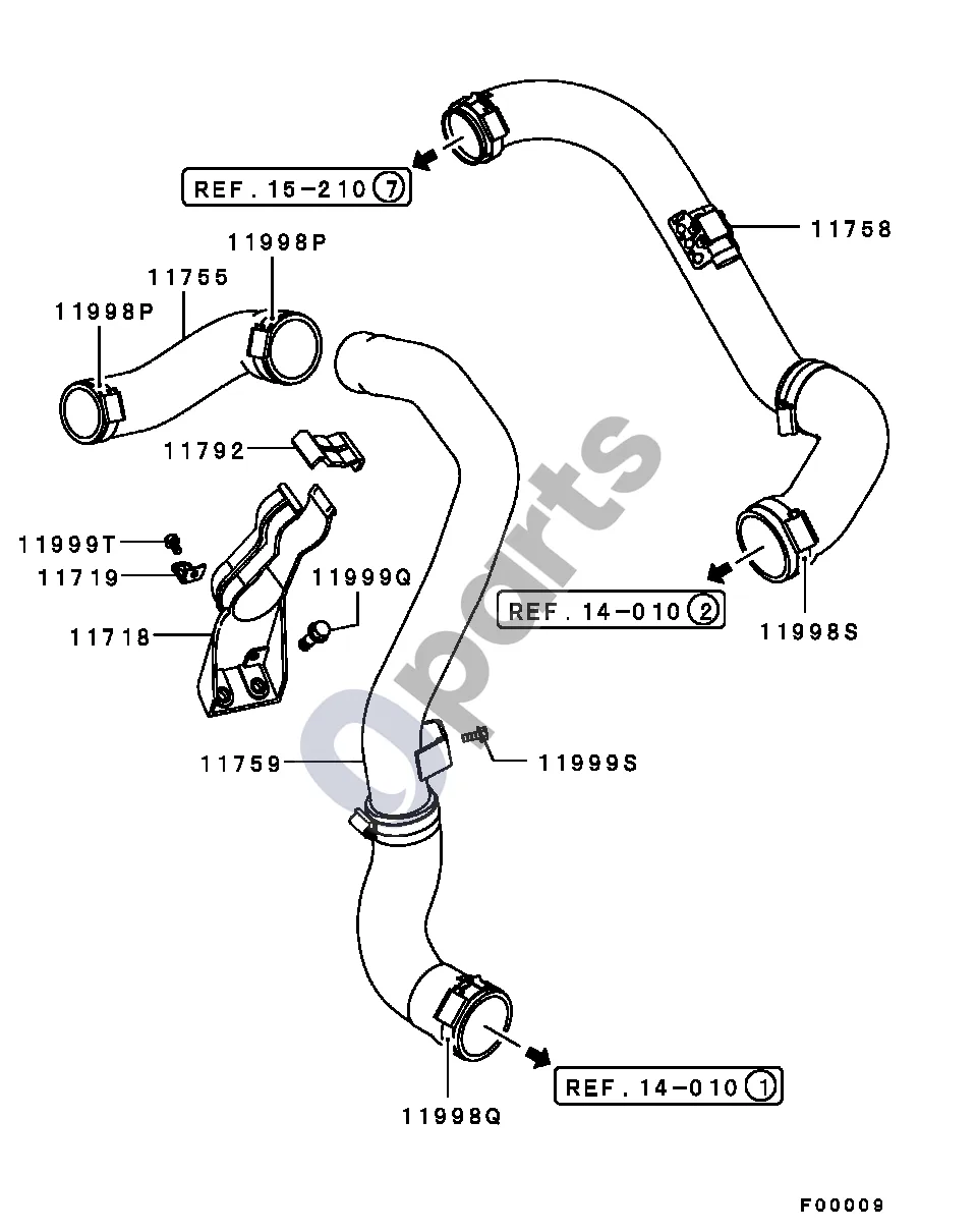 Mitsubishi Carisma (2000–2004) Visi (tarpinis aušintuvas) schema – pozicija 11755: Tarpinio suslėgto oro aušintuvo įsiurbimo oro žarna