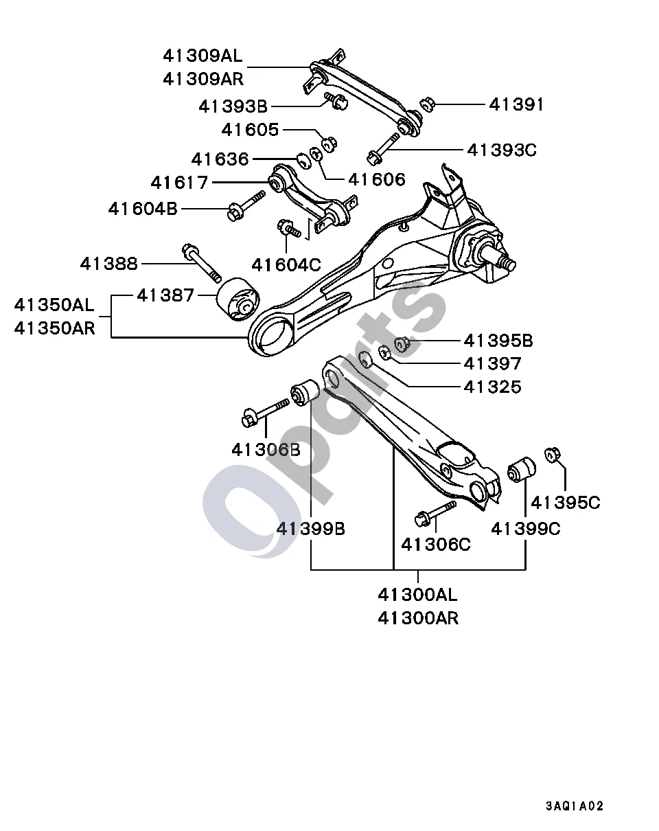 Mitsubishi Carisma (2000–2004) Pakabos svirtis ir kt. schema – pozicija 41604B: Varžtas, galinės pakabos pagalbinė trauklė
