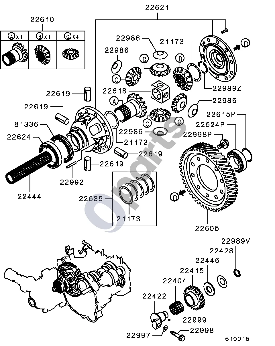 Mitsubishi Colt (1996–2004) Visi (centrinio diferencialo korpusas) schema – pozicija 22998P: Varžtas, mechaninės pavarų dėžės transmisija