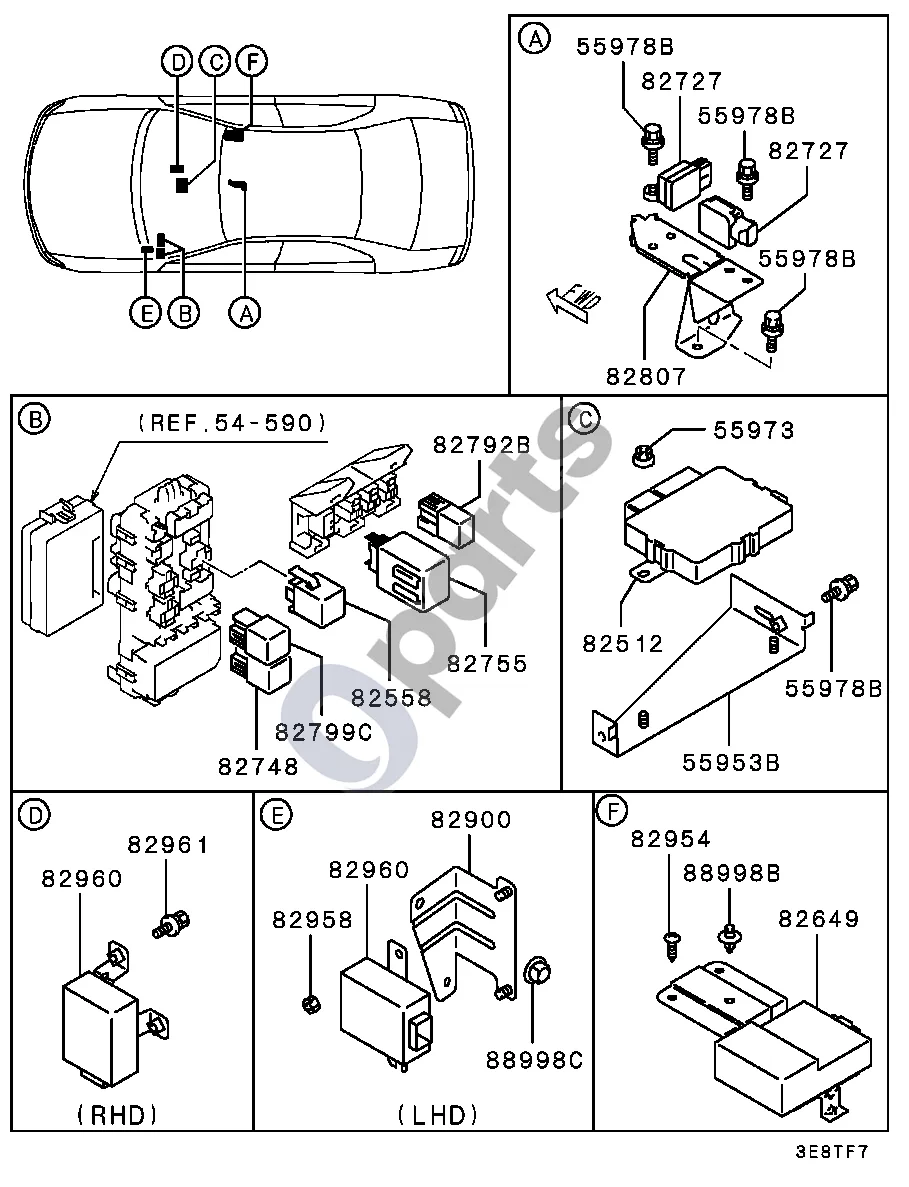 Mitsubishi Colt (1996–2004) Relė (salono apylinkėje) schema – pozicija 82512: Valdymo blokas, ABS