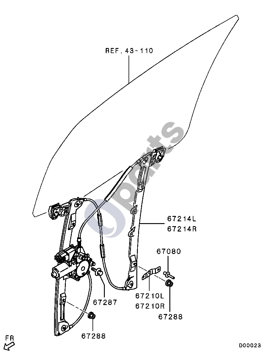 Mitsubishi Colt (2004–2008) -0504.2,0602.1- schema – pozicija 67214L: Reguliatorius, priekinių durų lango, kairysis
