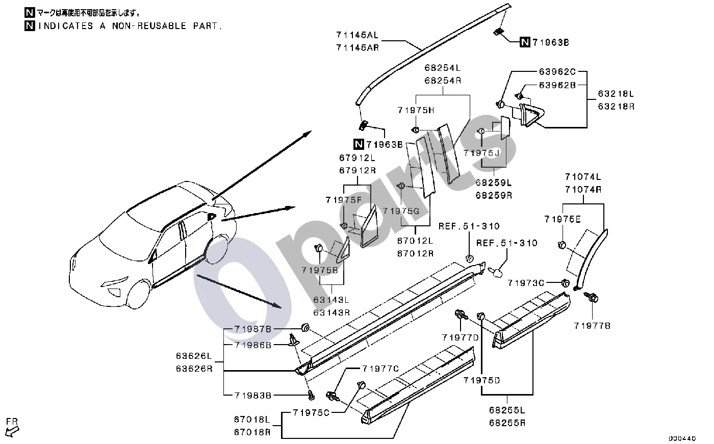 Mitsubishi Eclipse Be stogo bėgelių schema – pozicija 67912R: Priekinių durų trikampio išorinė apdailos juosta, dešinė