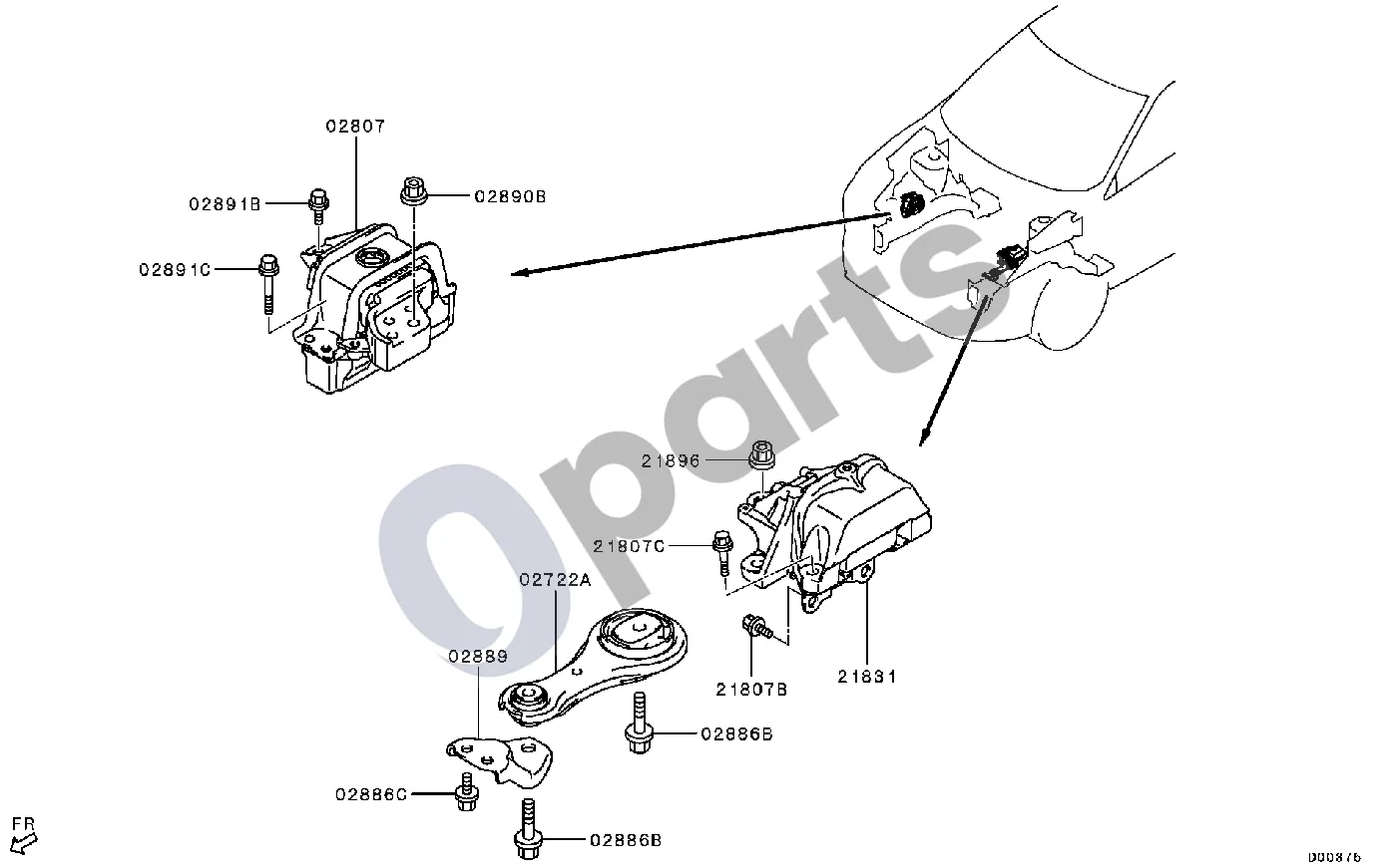 Mitsubishi Eclipse Mechaninė pavarų dėžė schema – pozicija 02807: Laikiklis, priekinės variklio atramos