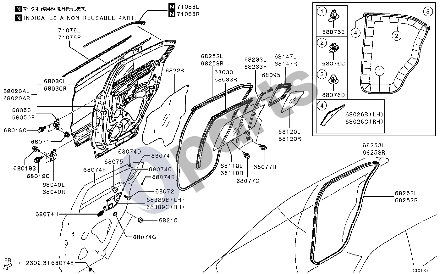 Mitsubishi Eclipse Galinių durų plokštė ir stiklas schema – pozicija 68389C: Galinių durų apmušalo dangtelis
