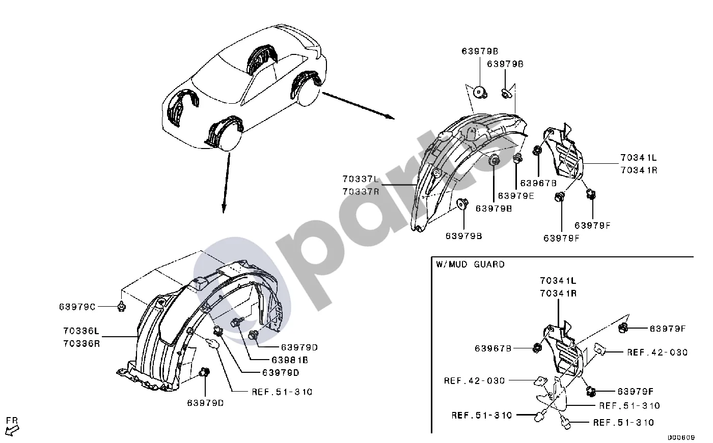 Mitsubishi Eclipse Purvasaugis schema – pozicija 70341L: Galinio rato purslų apsauga, galinė kairė