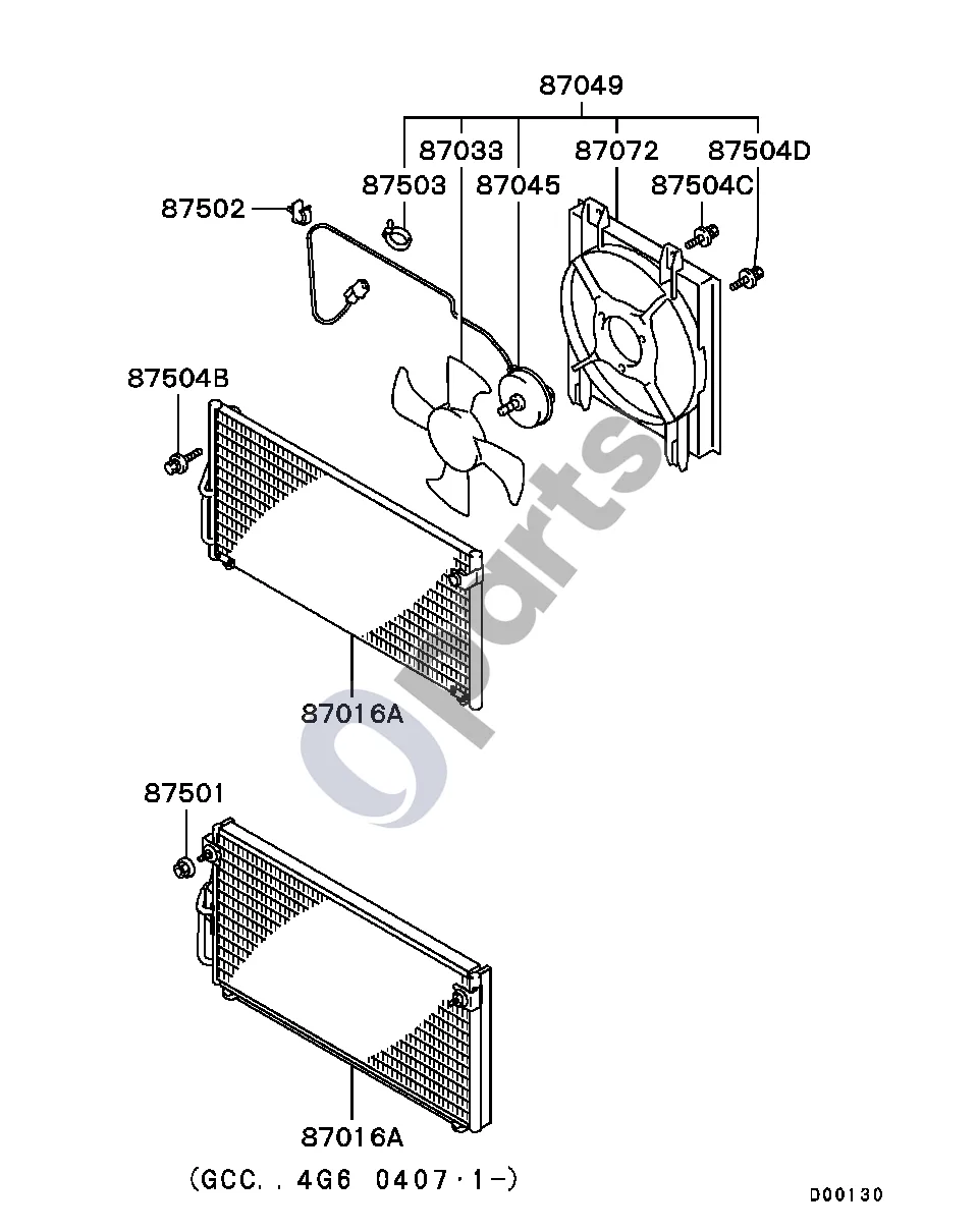 Mitsubishi Galant (1997–2003) Kondensatorius schema – pozicija 87049: Variklis su gaubtu, oro kondicionieriaus kondensatoriaus ventiliatorius