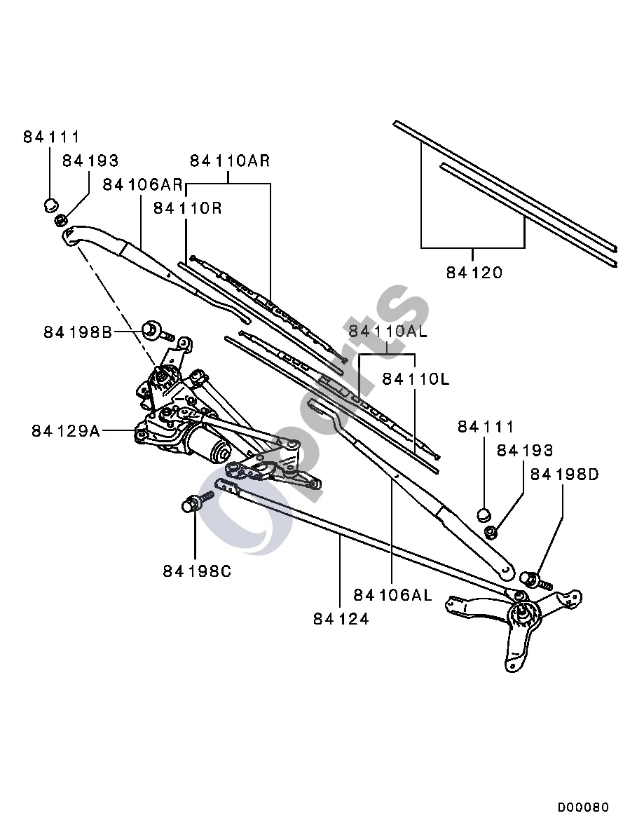 Mitsubishi Grandis (2003–2011) Valytuvas schema – pozicija 84129A: Priekinio stiklo valytuvų variklis, komplektas