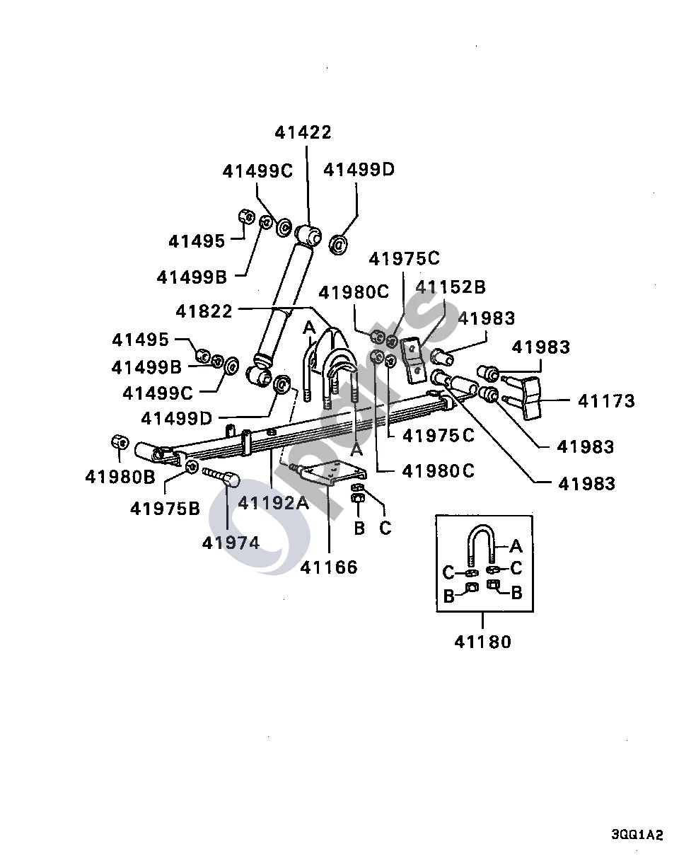 Mitsubishi L200 (1996–2006) Galinė pakaba schema – pozicija 41173: Galinės pakabos lakštinės spyruoklės apkaba