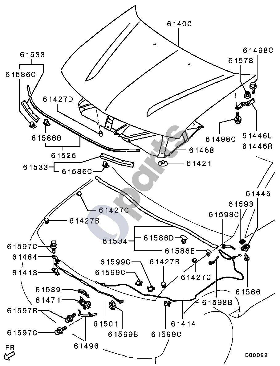 Mitsubishi L200 (2006–2014) -0809.3,1007.1- schema – pozicija 61414: Variklio dangčio atrakinimo trosas