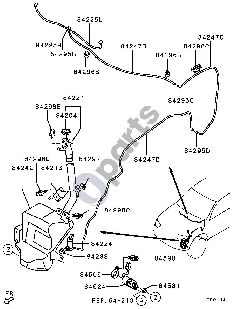 Mitsubishi L200 (2006–2014) Poveržlė -0702.3 schema – pozicija 84224: Variklis, priekinio stiklo ploviklis