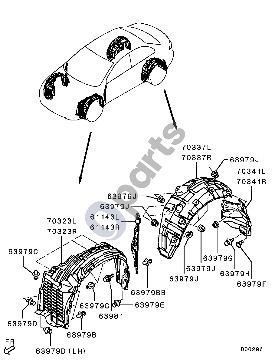 Mitsubishi Lancer VIII (2007–2017) Purvasaugis schema – pozicija 61143L: Apsauga, priekinis sparnas, galinė kairė