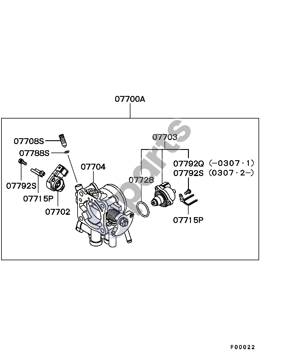 Mitsubishi Lancer (2003–2007) EVO-7,EVO-8 (vidinės dalys) schema – pozicija 07703: Droselio sklendės tuščiosios eigos reguliavimo servo komplektas