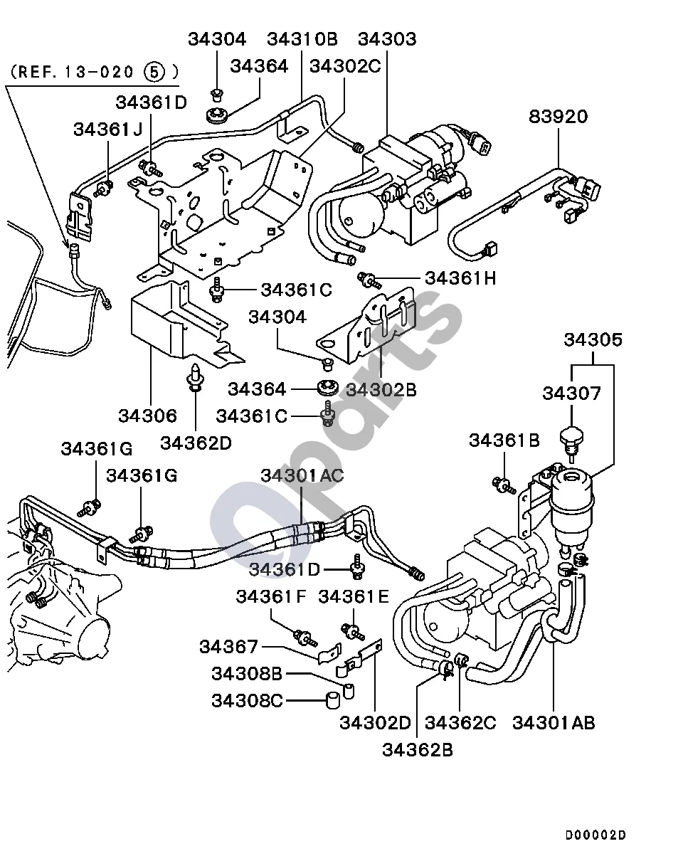 Mitsubishi Lancer (2003–2007) Hidraulinis blokas schema – pozicija 34303: Hidraulinis blokas, skirtuminio mechanizmo valdymo