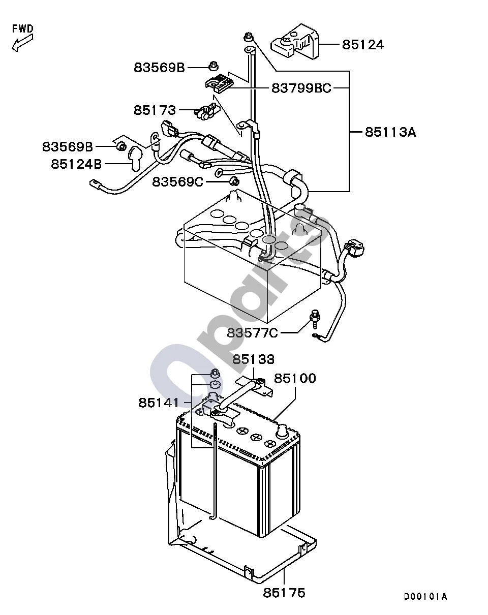 Mitsubishi Lancer (2003–2007) Visi schema – pozicija 85141: L formos varžto komplektas, akumuliatorius