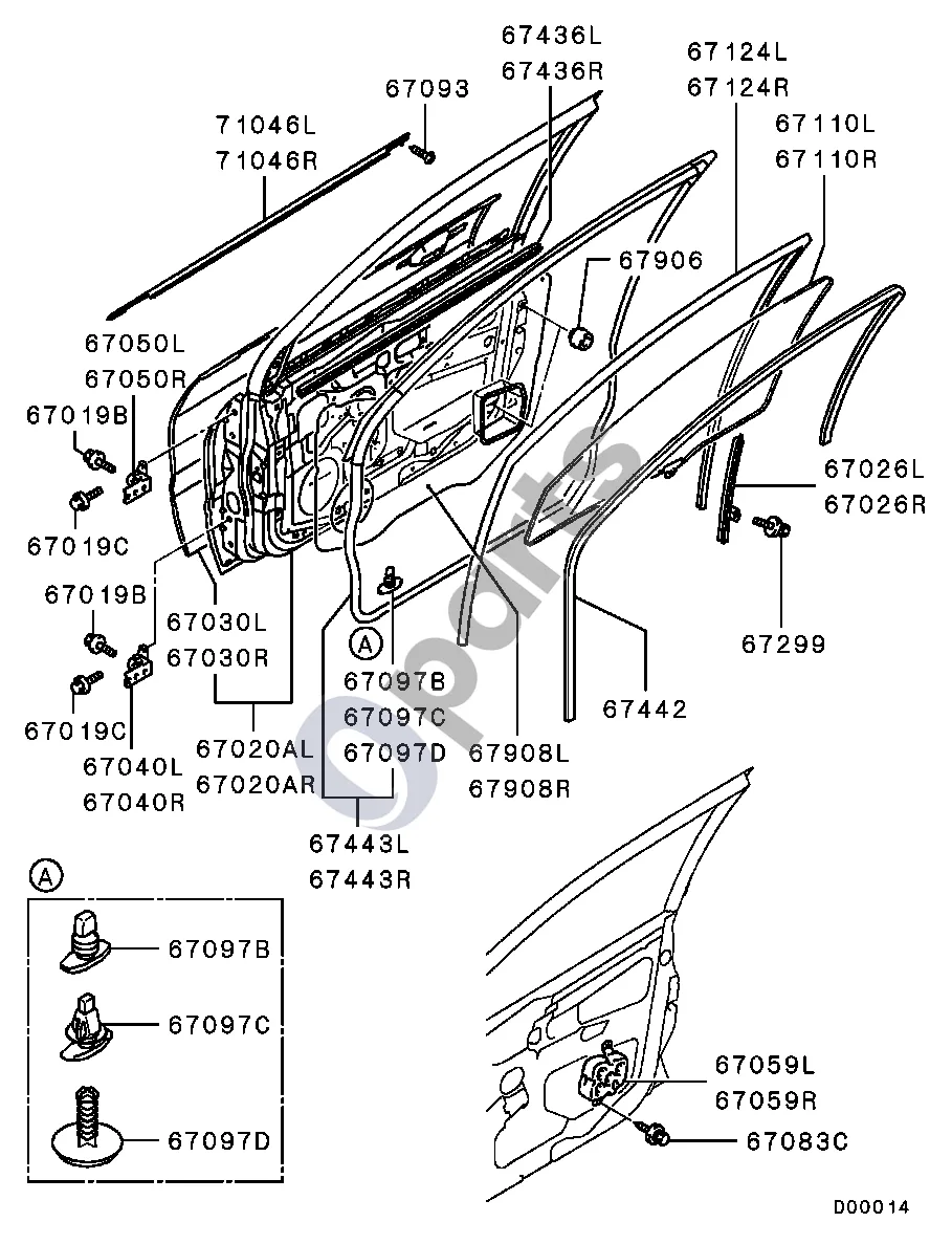 Mitsubishi Lancer (2003–2007) Visi schema – pozicija 67097C: Spaustukas, priekinės durys