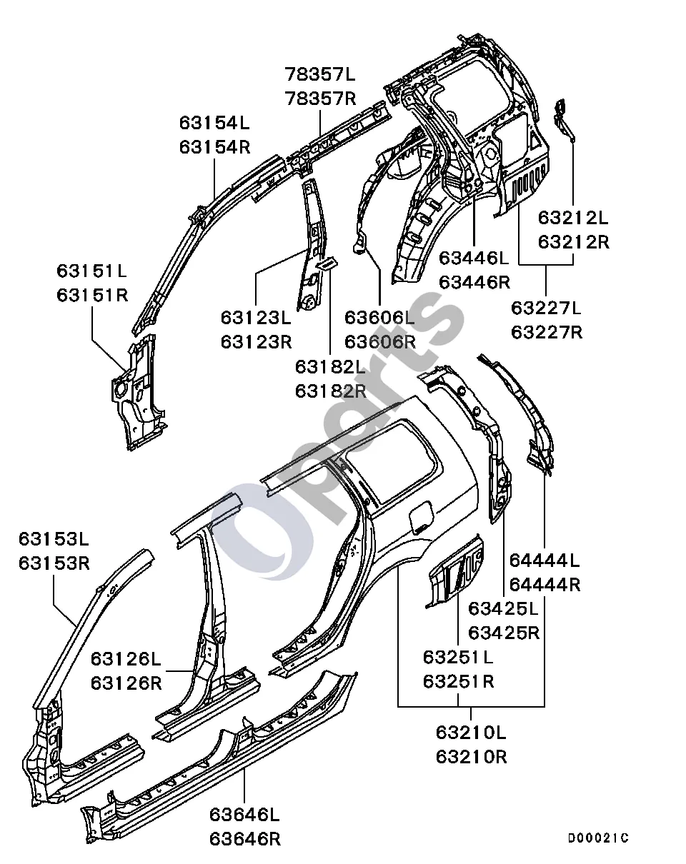 Mitsubishi Lancer (2003–2007) Visi schema – pozicija 63446L: Sustiprinimas, galinis statramstis, viršutinis kairė