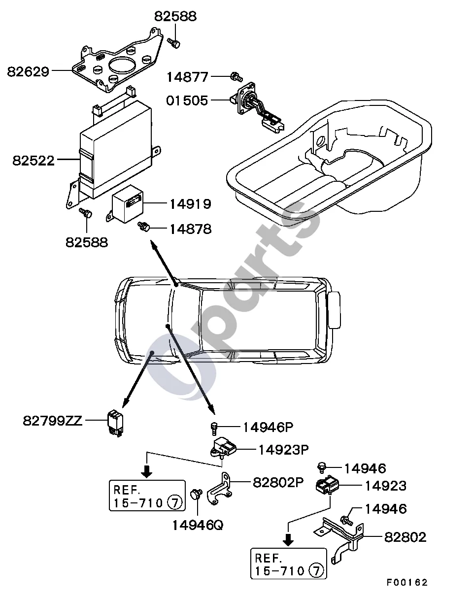 Mitsubishi Montero 0107.1- LHD (valdymo blokas ir kt.) schema – pozicija 14923: Variklio valdymo pūtimo slėgio jutiklis