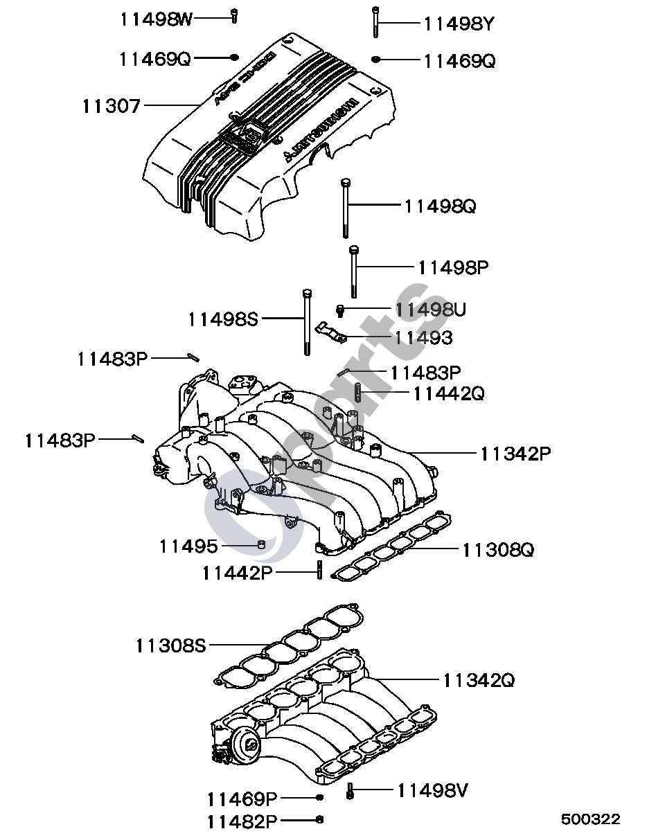 Mitsubishi Montero -9705.3 (išlyginamasis bakas) schema – pozicija 11307: Dangtis, variklio oro įsiurbimo išlyginamoji talpa