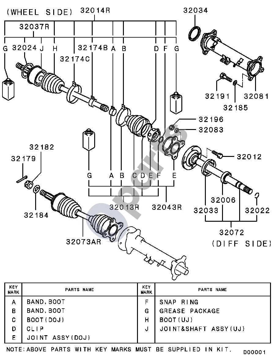Mitsubishi Montero Dešinė schema – pozicija 32014R: Priekinės pusašės gaubtų komplektas, dešinė
