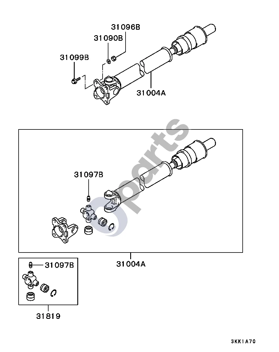 Mitsubishi Montero Priekis schema – pozicija 31004A: Kardaninio veleno mazgas, priekinis