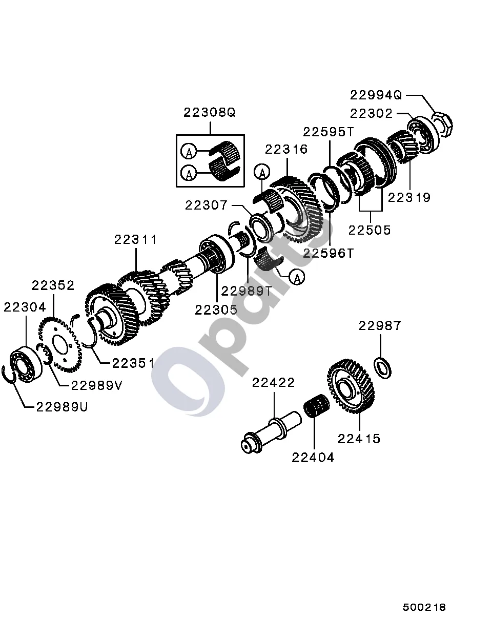 Mitsubishi Montero Super Select 4WD (tarpinis velenas) schema – pozicija 22308Q: Guolis, mechaninės pavarų dėžės tarpinis velenas